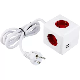   Hosszabító elosztó, 4 dugaljos 1,5 m PowerCube + 2 USB csatlakozóval