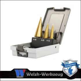   Lemezfúró, lépcsős - készletben 3 db-os HSS TiN 4-30 mm - Welzh Werkzeug